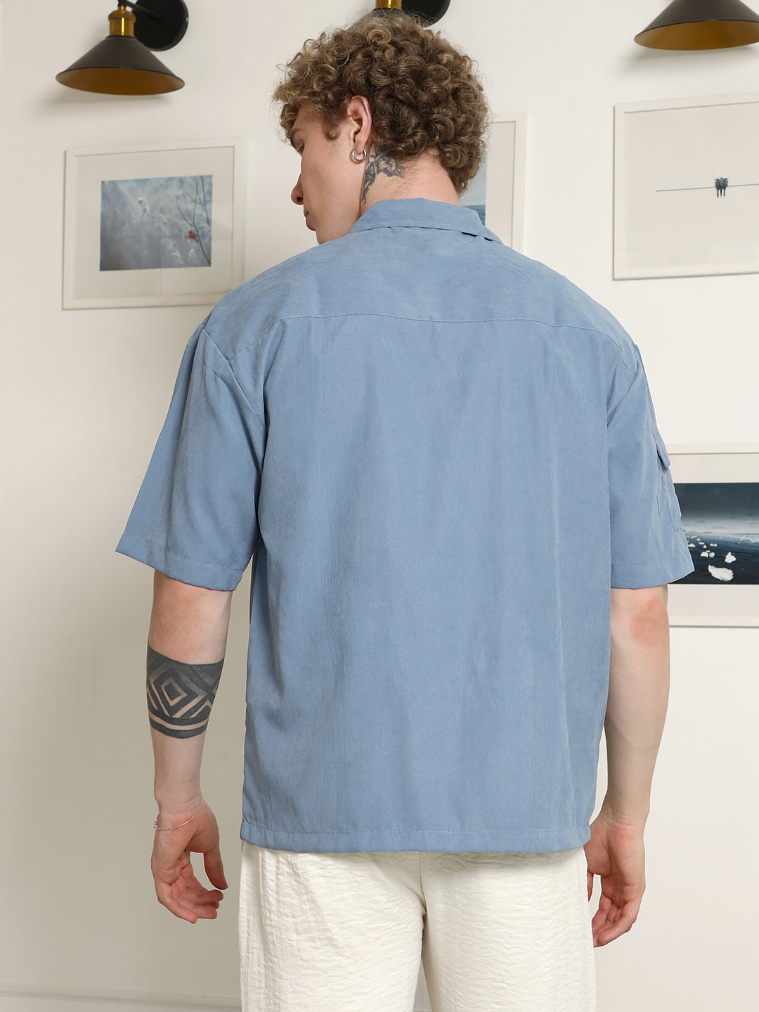 Men Blue Cuban Collar Relaxed Fit Shirt