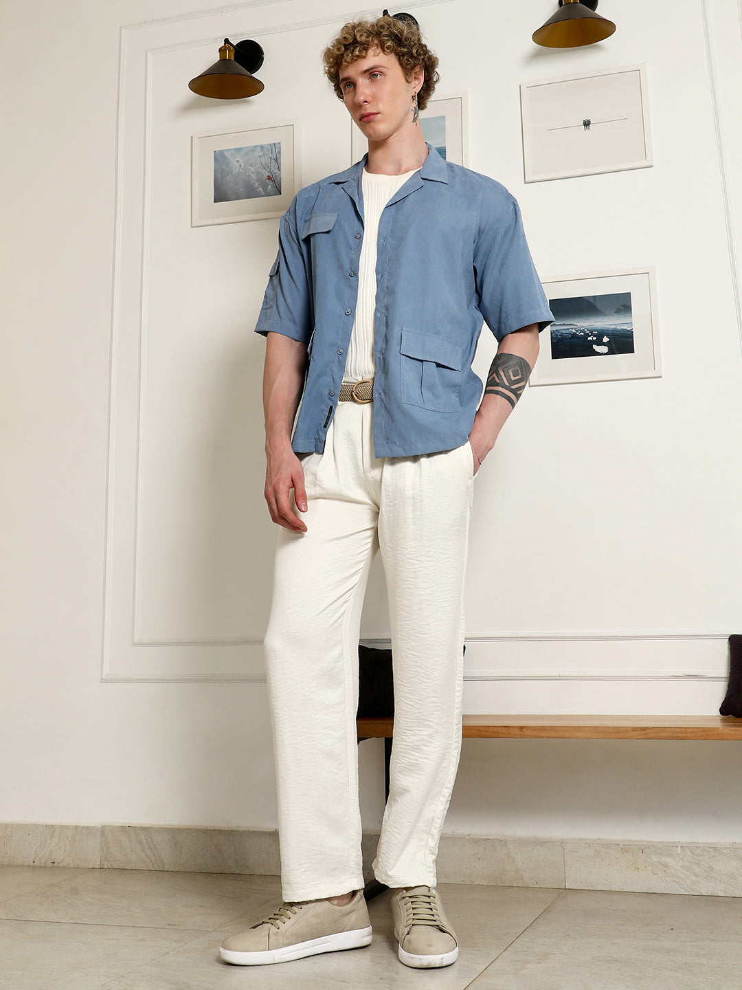 Men Blue Cuban Collar Relaxed Fit Shirt