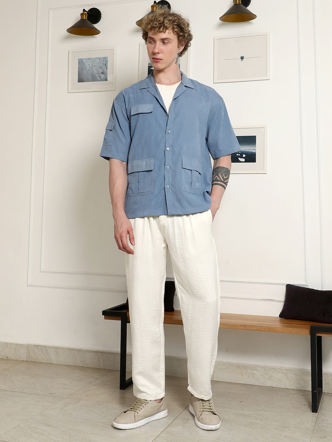 Men Blue Cuban Collar Relaxed Fit Shirt