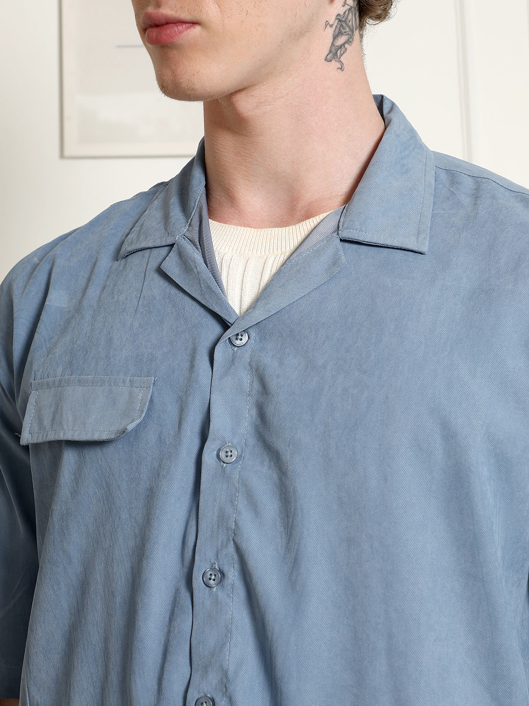 Men Blue Cuban Collar Relaxed Fit Shirt
