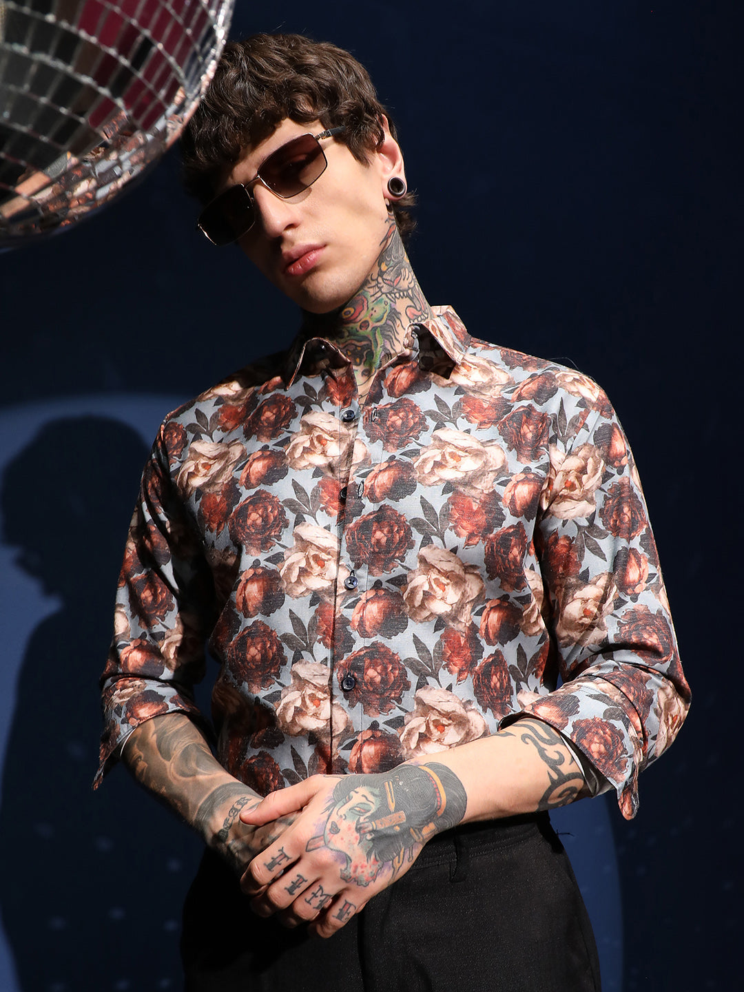 Men Cloud Grey & Russet Brown All-Over-Roses Shirt