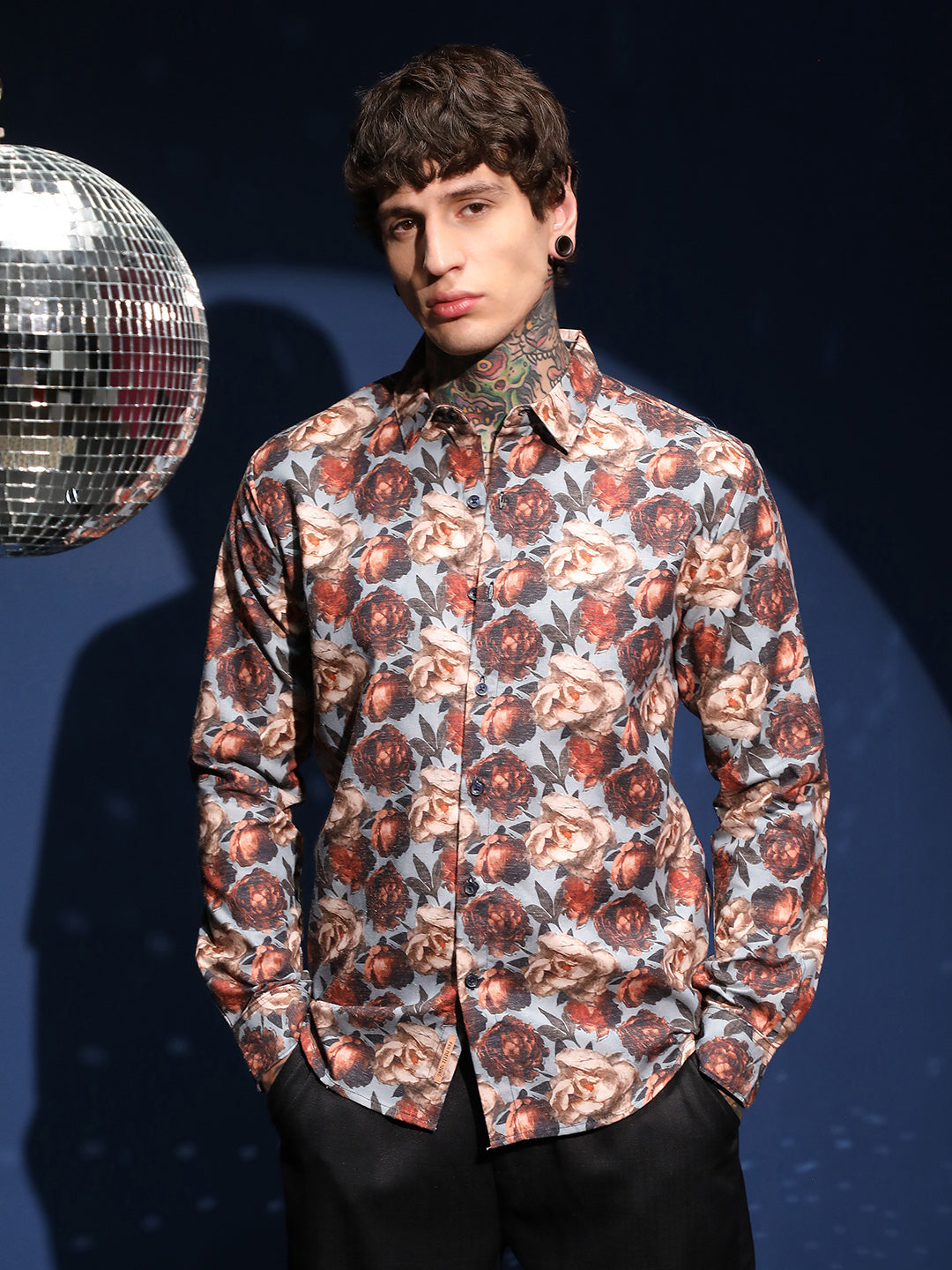 Men Cloud Grey & Russet Brown All-Over-Roses Shirt