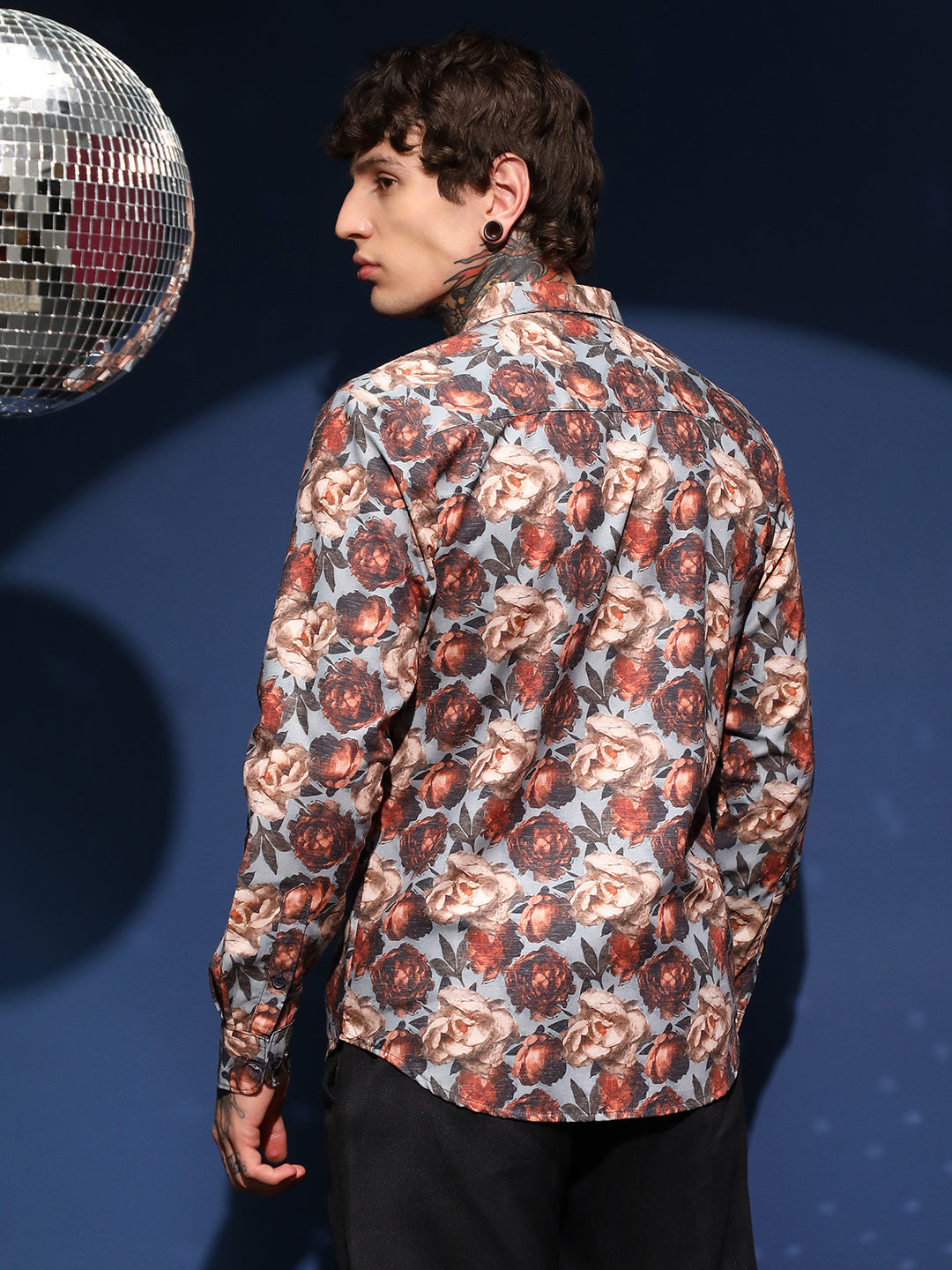 Men Cloud Grey & Russet Brown All-Over-Roses Shirt