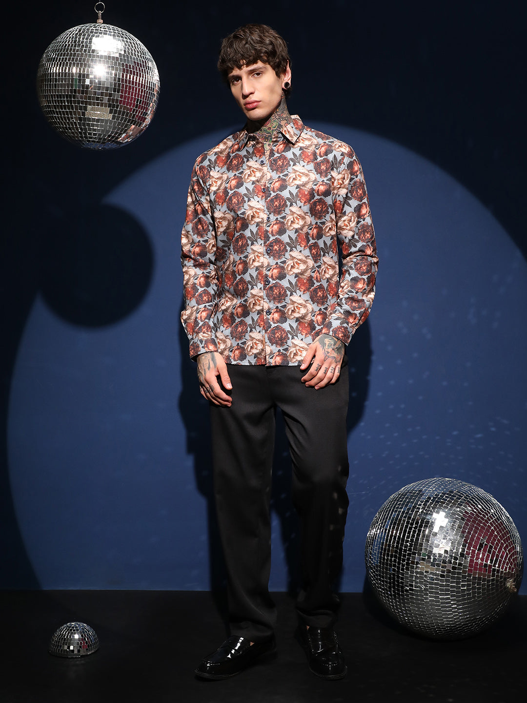 Men Cloud Grey & Russet Brown All-Over-Roses Shirt