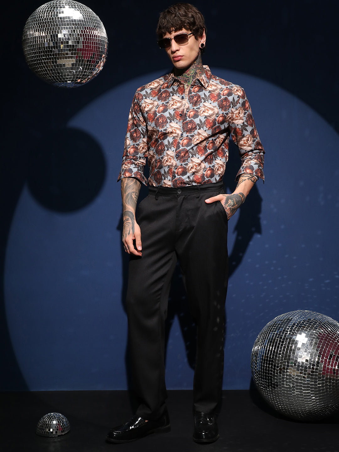 Men Cloud Grey & Russet Brown All-Over-Roses Shirt