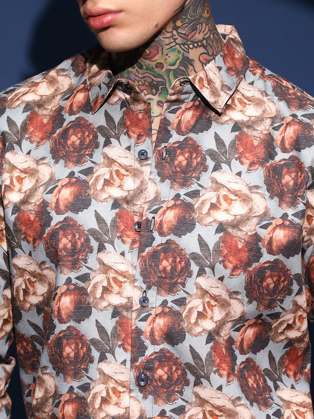 Men Cloud Grey & Russet Brown All-Over-Roses Shirt