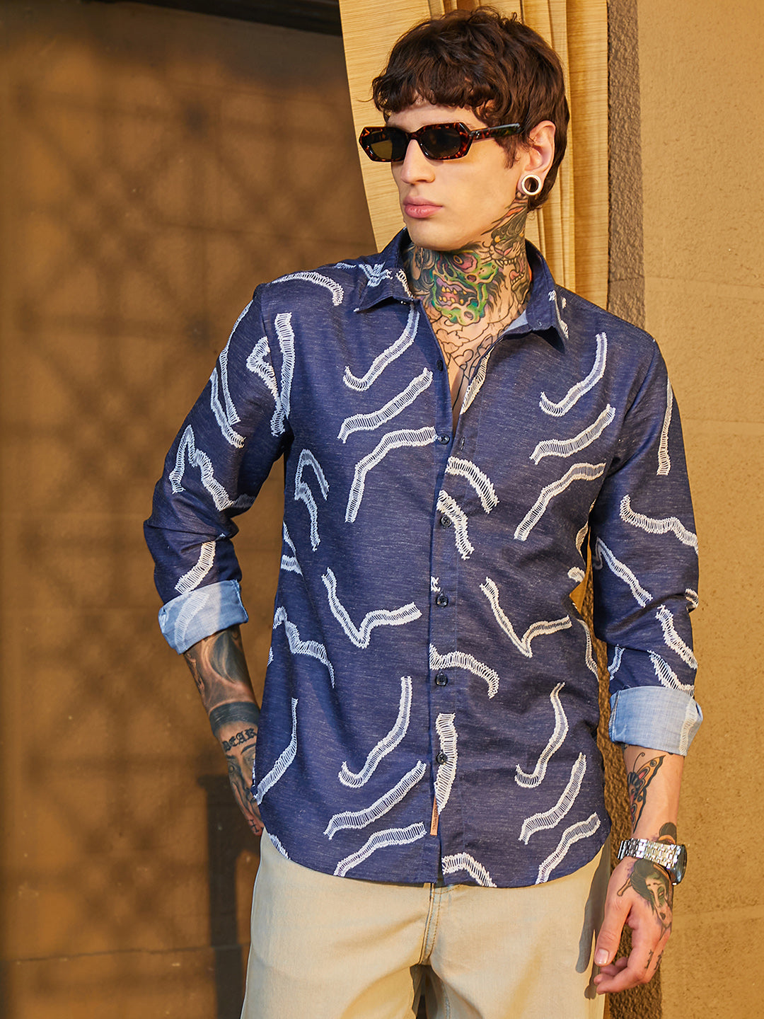 Men Navy Blue Cross-Stitch Crawler Shirt