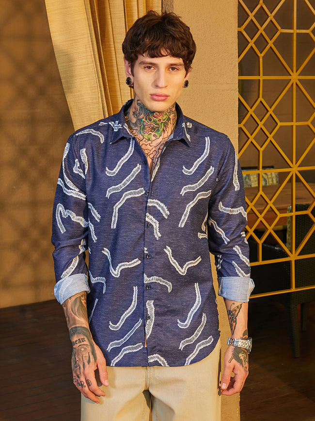 Men Navy Blue Cross-Stitch Crawler Shirt
