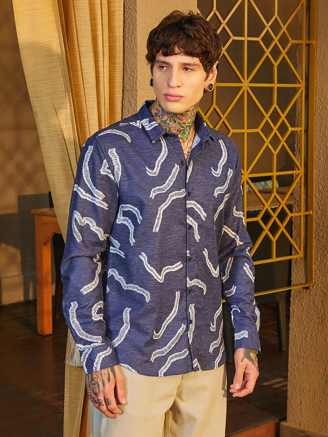 Men Navy Blue Cross-Stitch Crawler Shirt