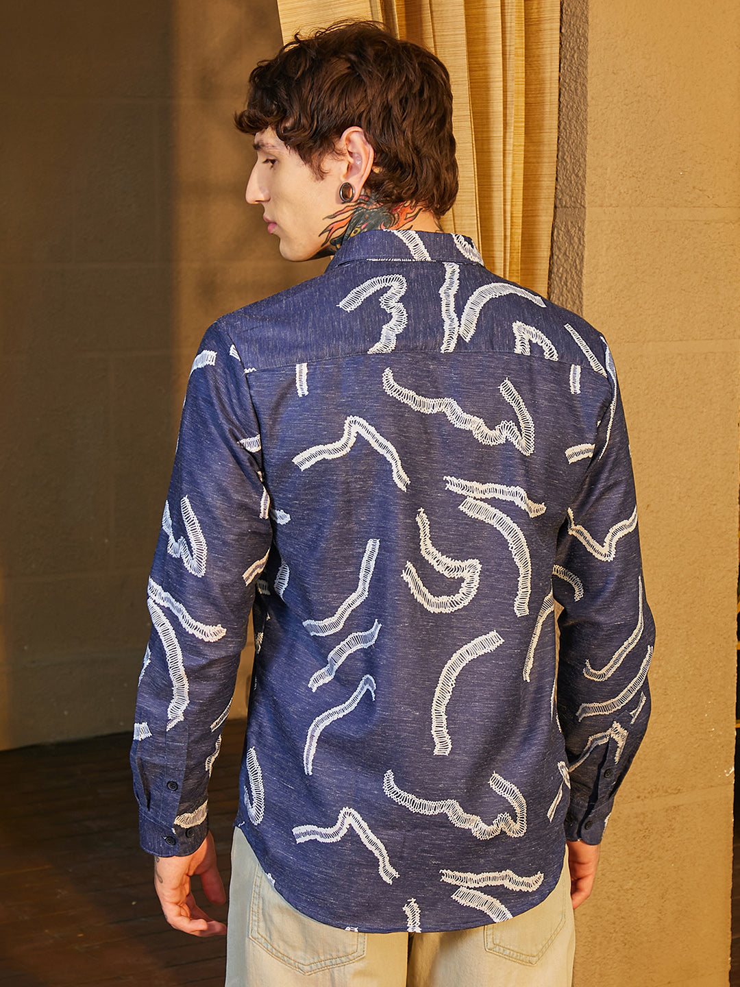 Men Navy Blue Cross-Stitch Crawler Shirt