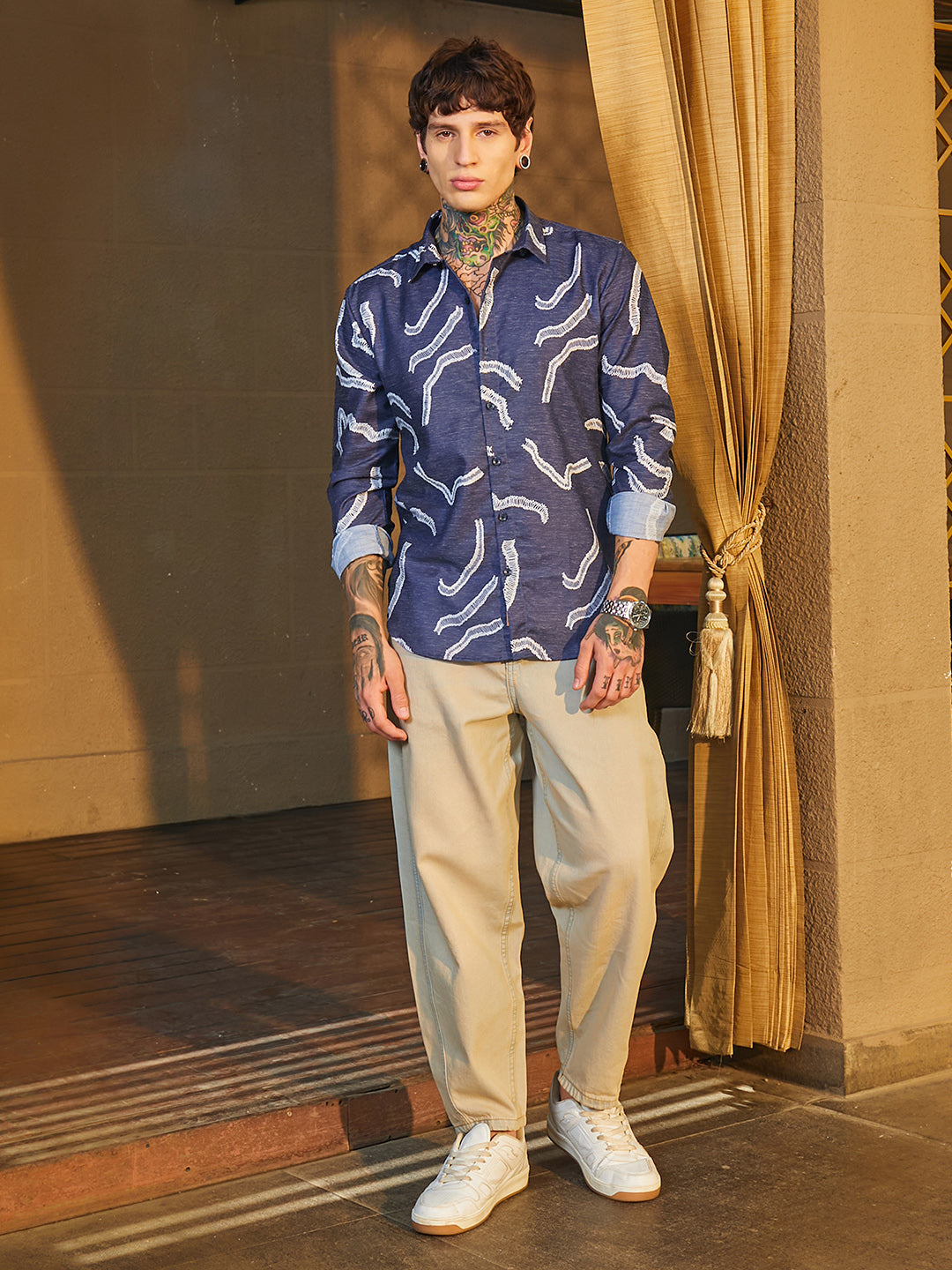 Men Navy Blue Cross-Stitch Crawler Shirt