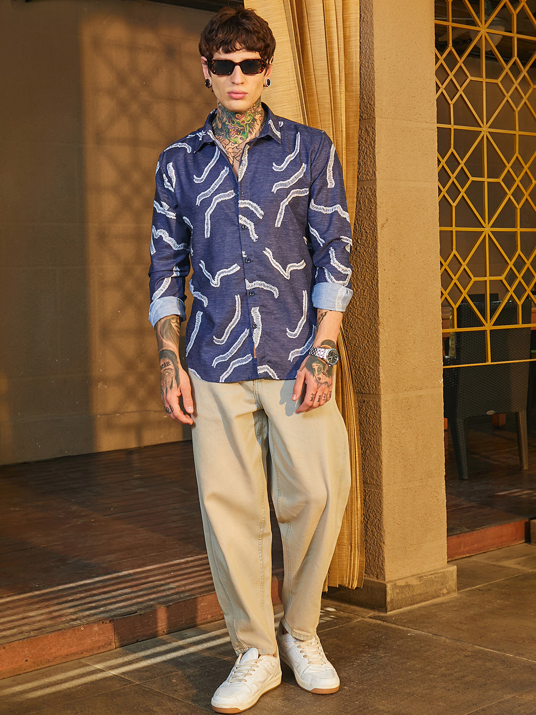 Men Navy Blue Cross-Stitch Crawler Shirt