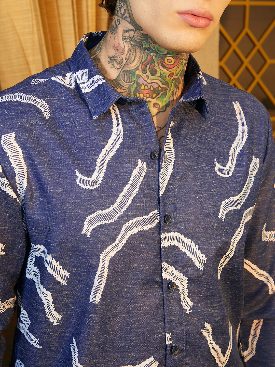 Men Navy Blue Cross-Stitch Crawler Shirt