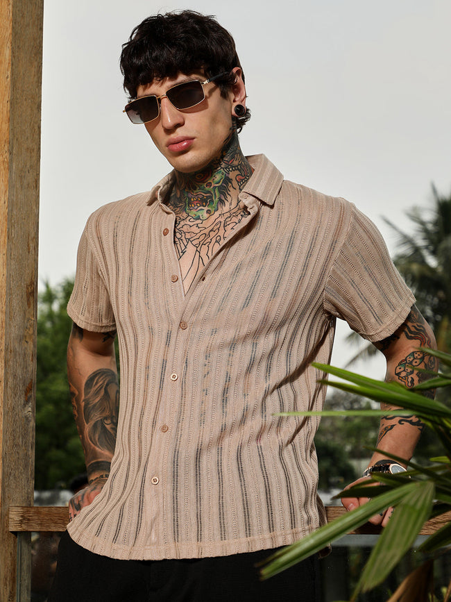Men Sand Beige Ridge Knit Shirt