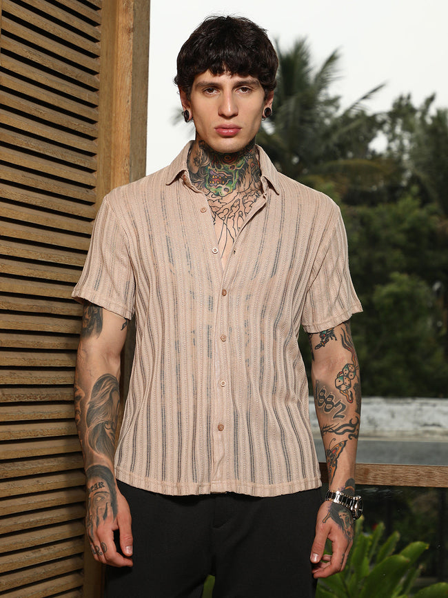 Men Sand Beige Ridge Knit Shirt