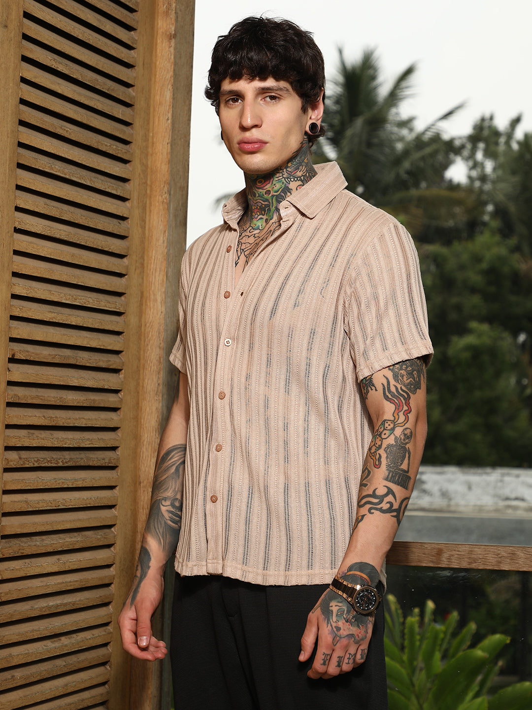 Men Sand Beige Ridge Knit Shirt