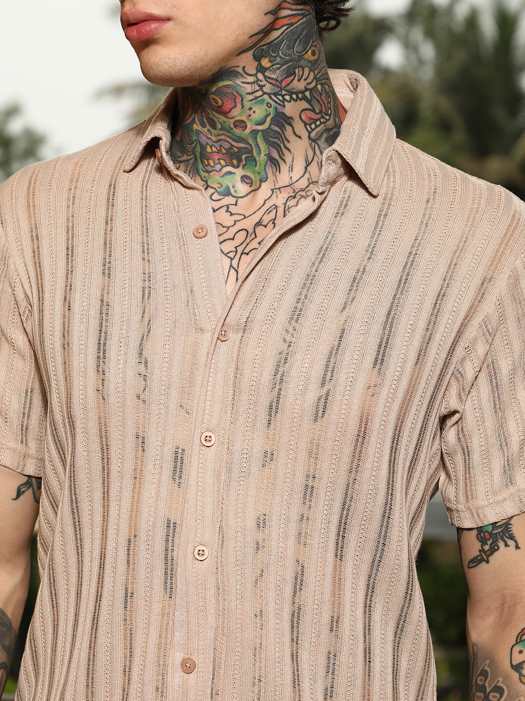 Men Sand Beige Ridge Knit Shirt