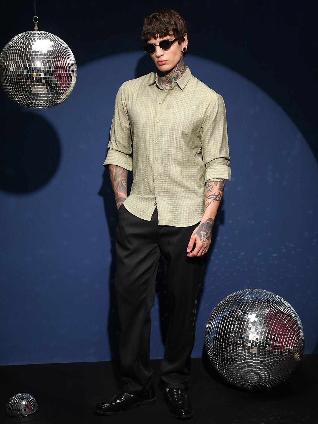 Men Light Pistachio Grid-Tactura Shirt