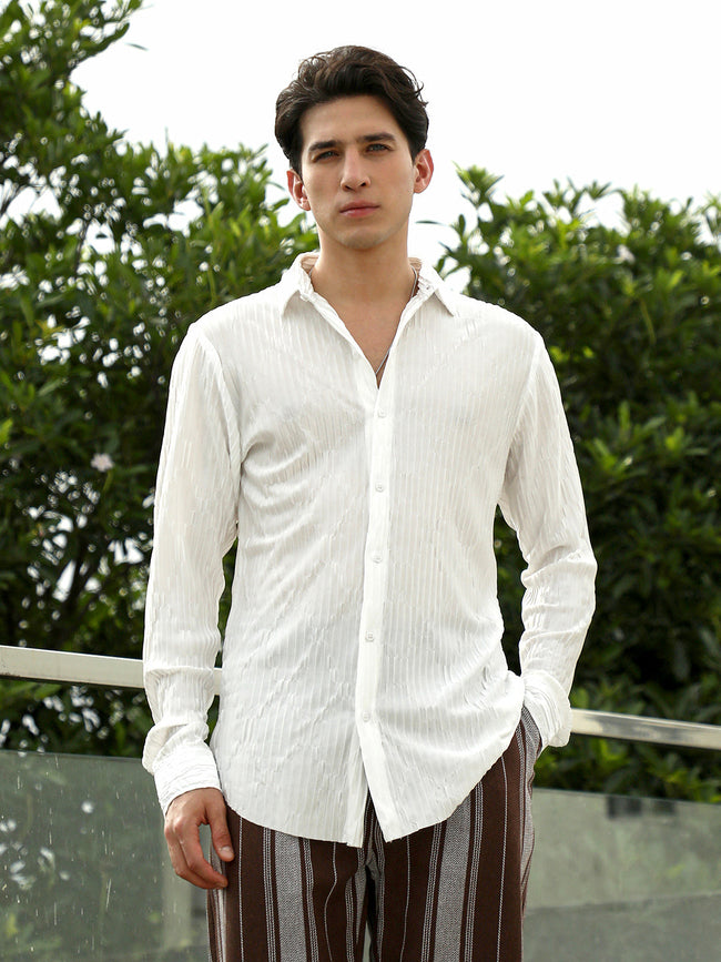 Men White Textured Slim Fit Shirt