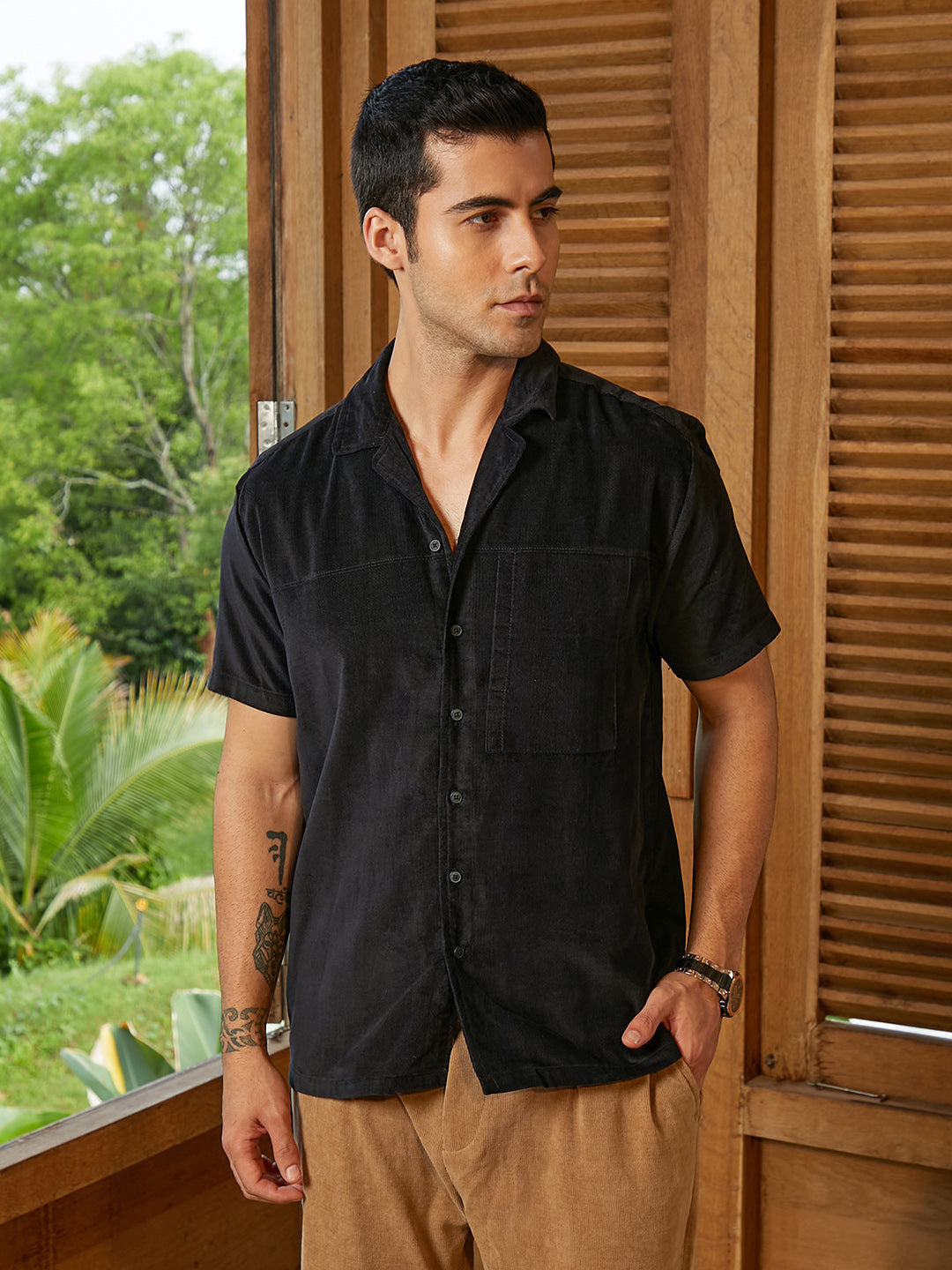 Men Onyx Black Cuban Panelled Shirt