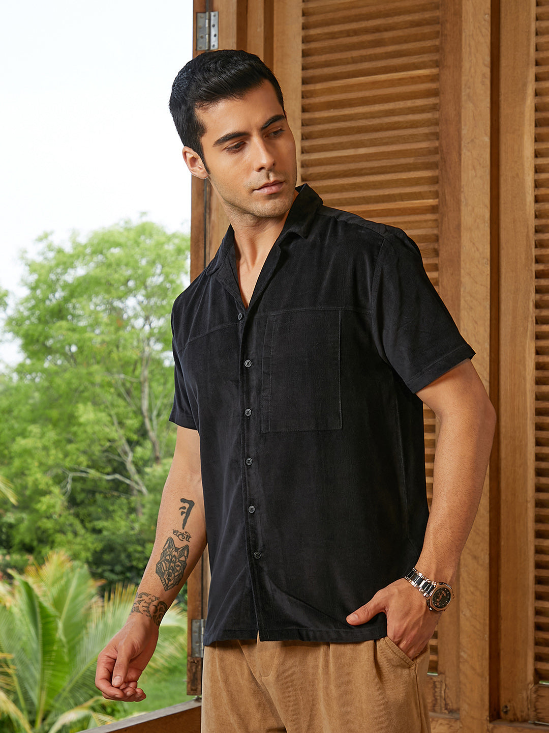 Men Onyx Black Cuban Panelled Shirt