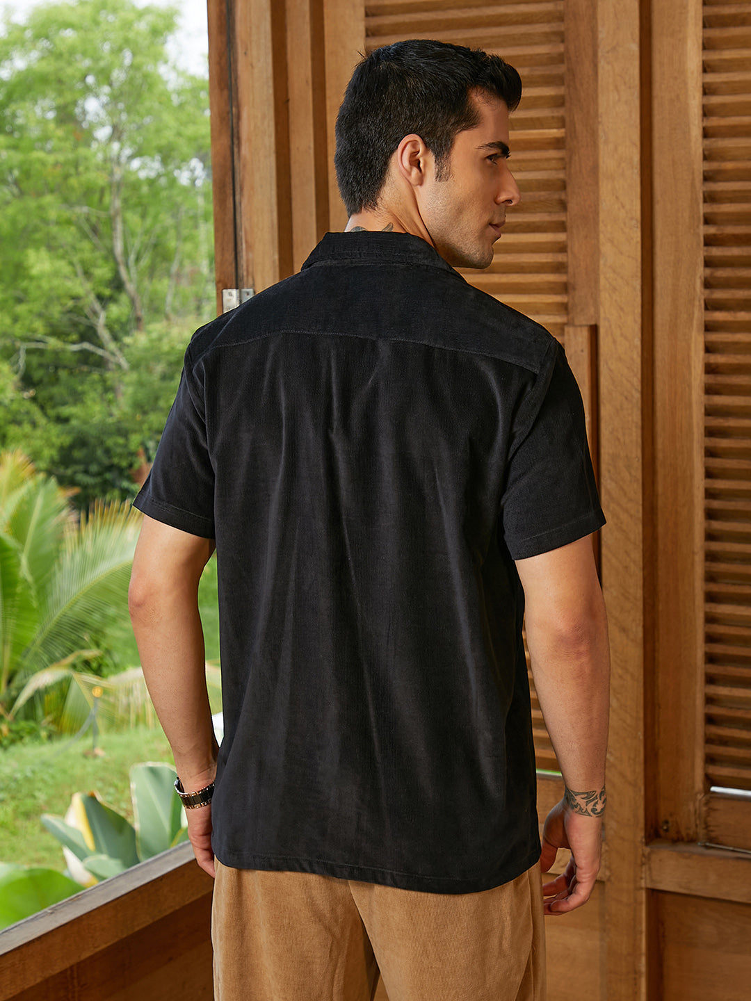 Men Onyx Black Cuban Panelled Shirt