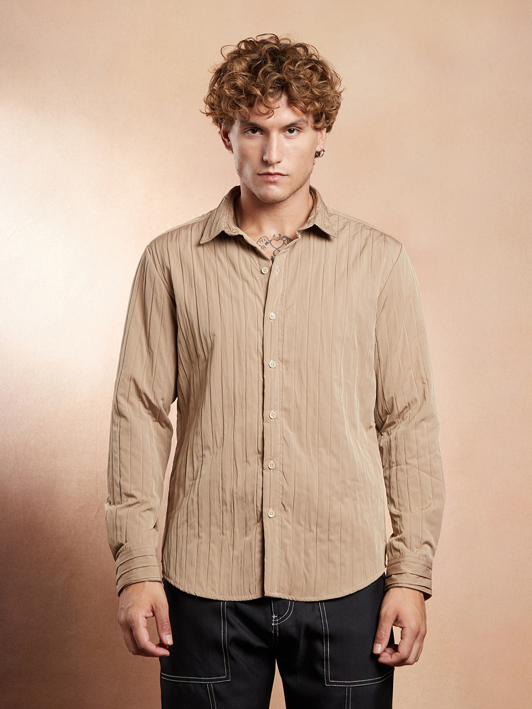 Men Sand Beige Quilt-Tactile Shirt