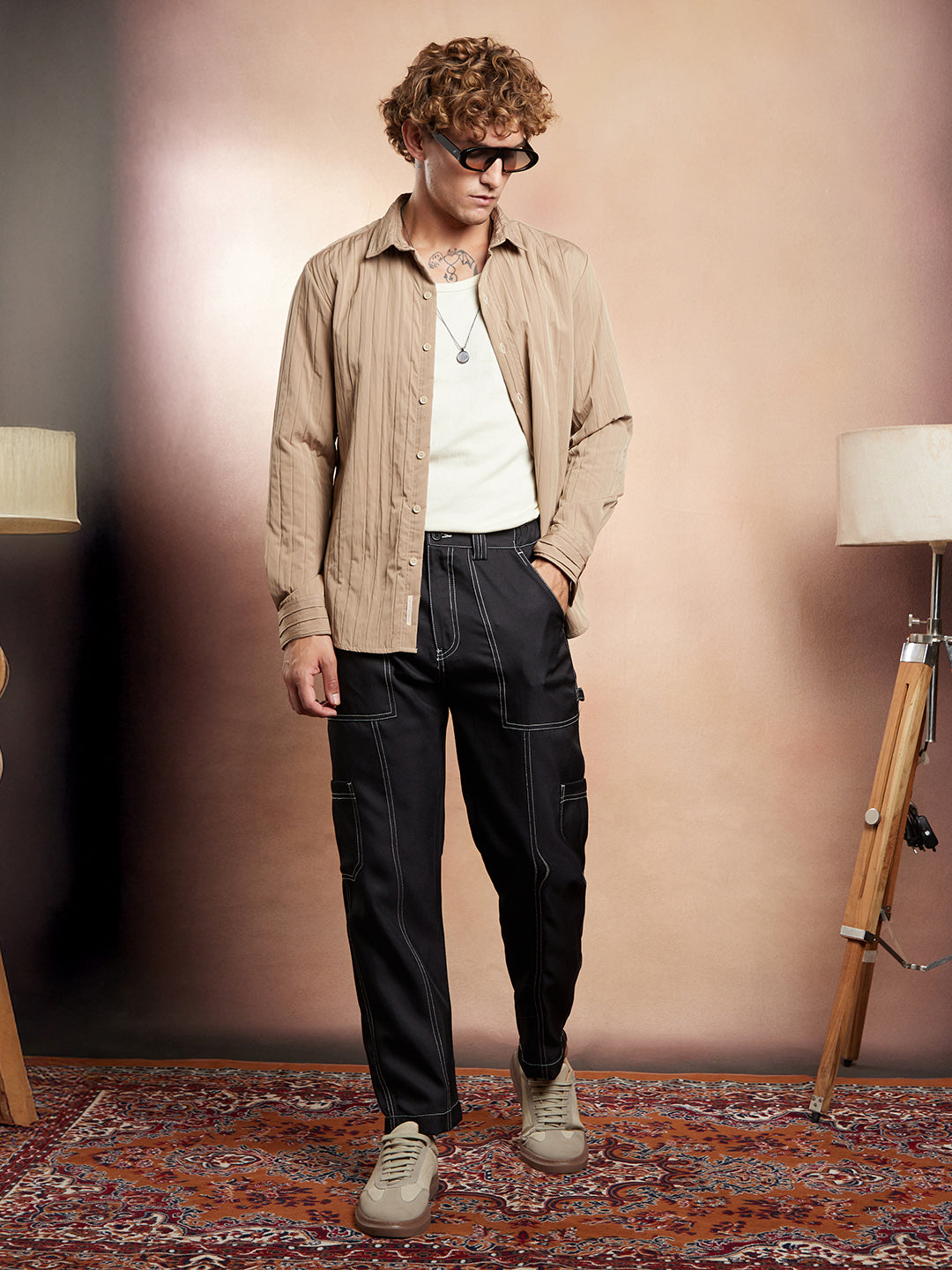 Men Sand Beige Quilt-Tactile Shirt