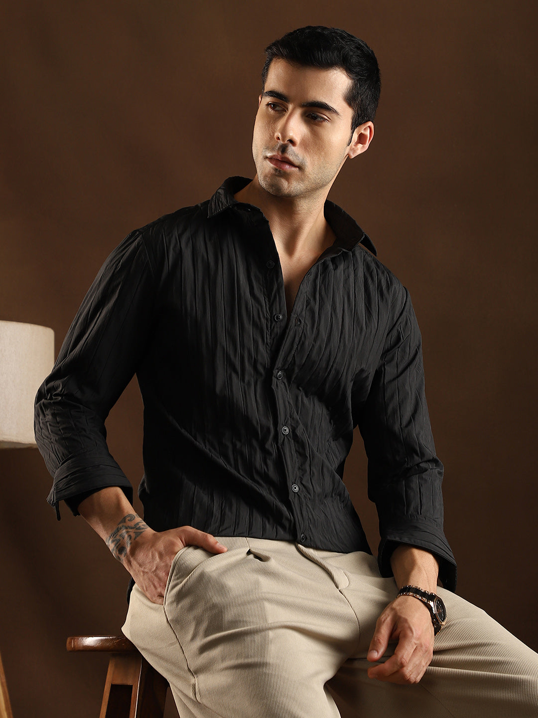 Men Onyx Black Quilt-Tactile Shirt