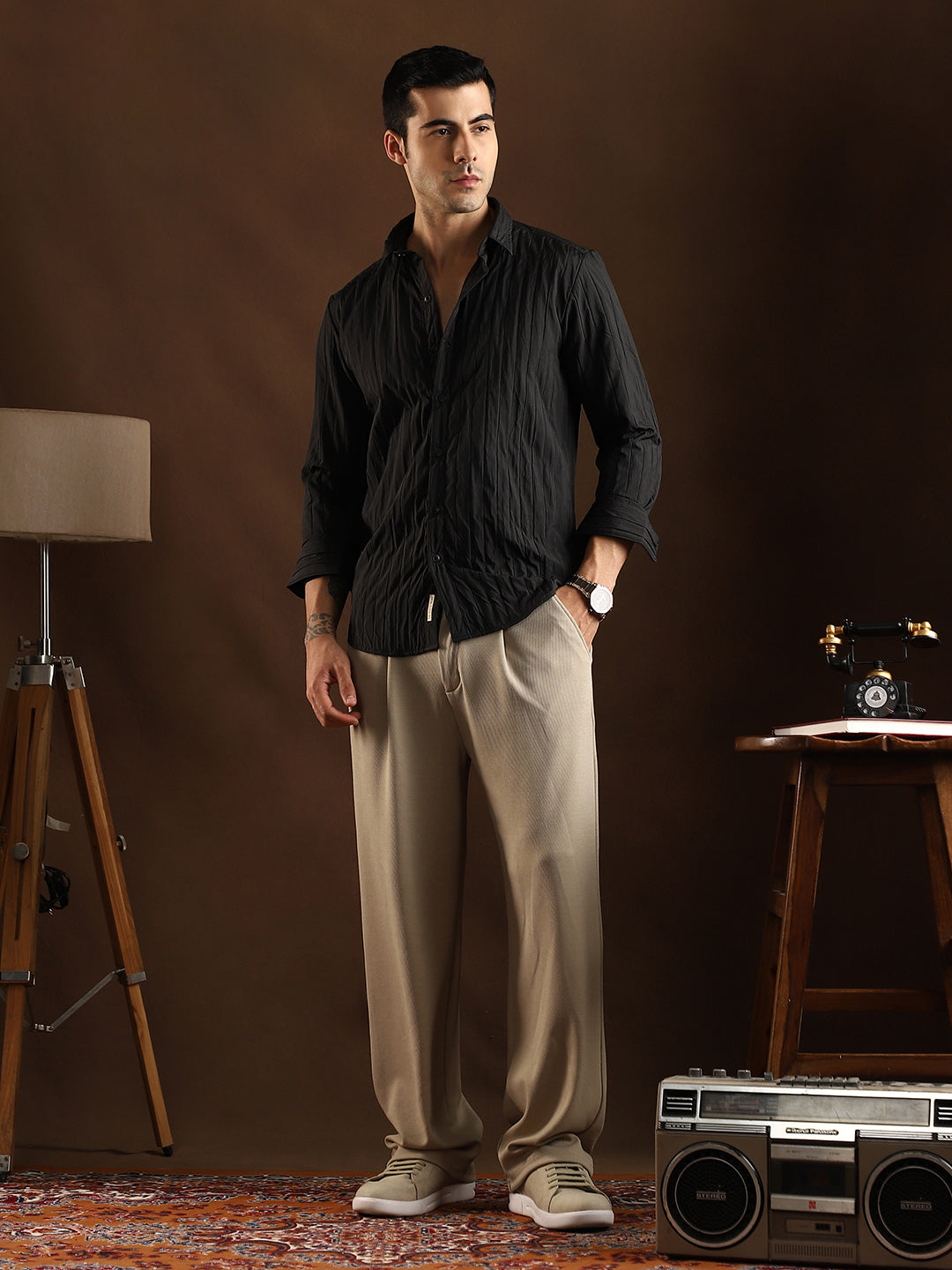 Men Onyx Black Quilt-Tactile Shirt