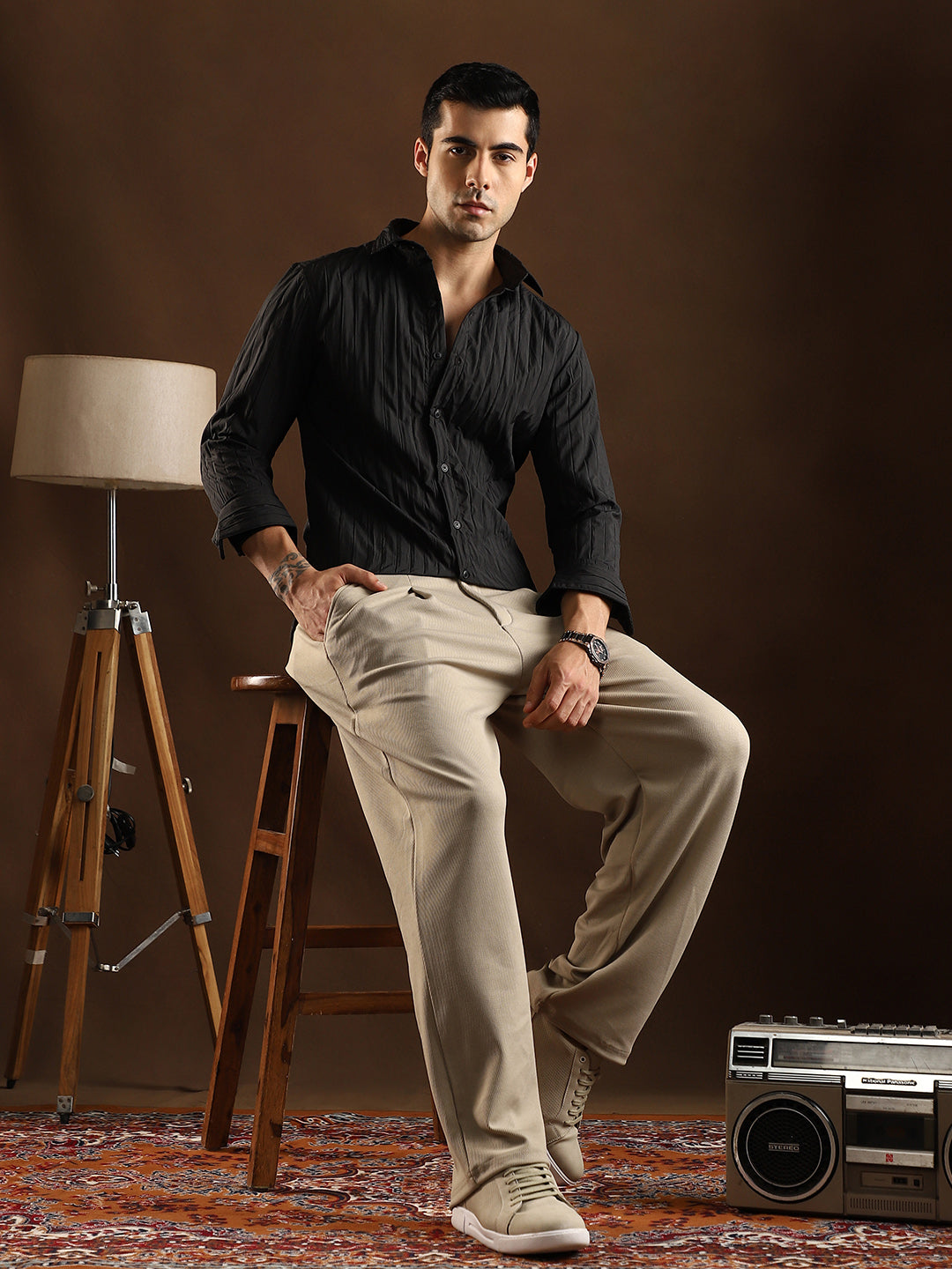 Men Onyx Black Quilt-Tactile Shirt