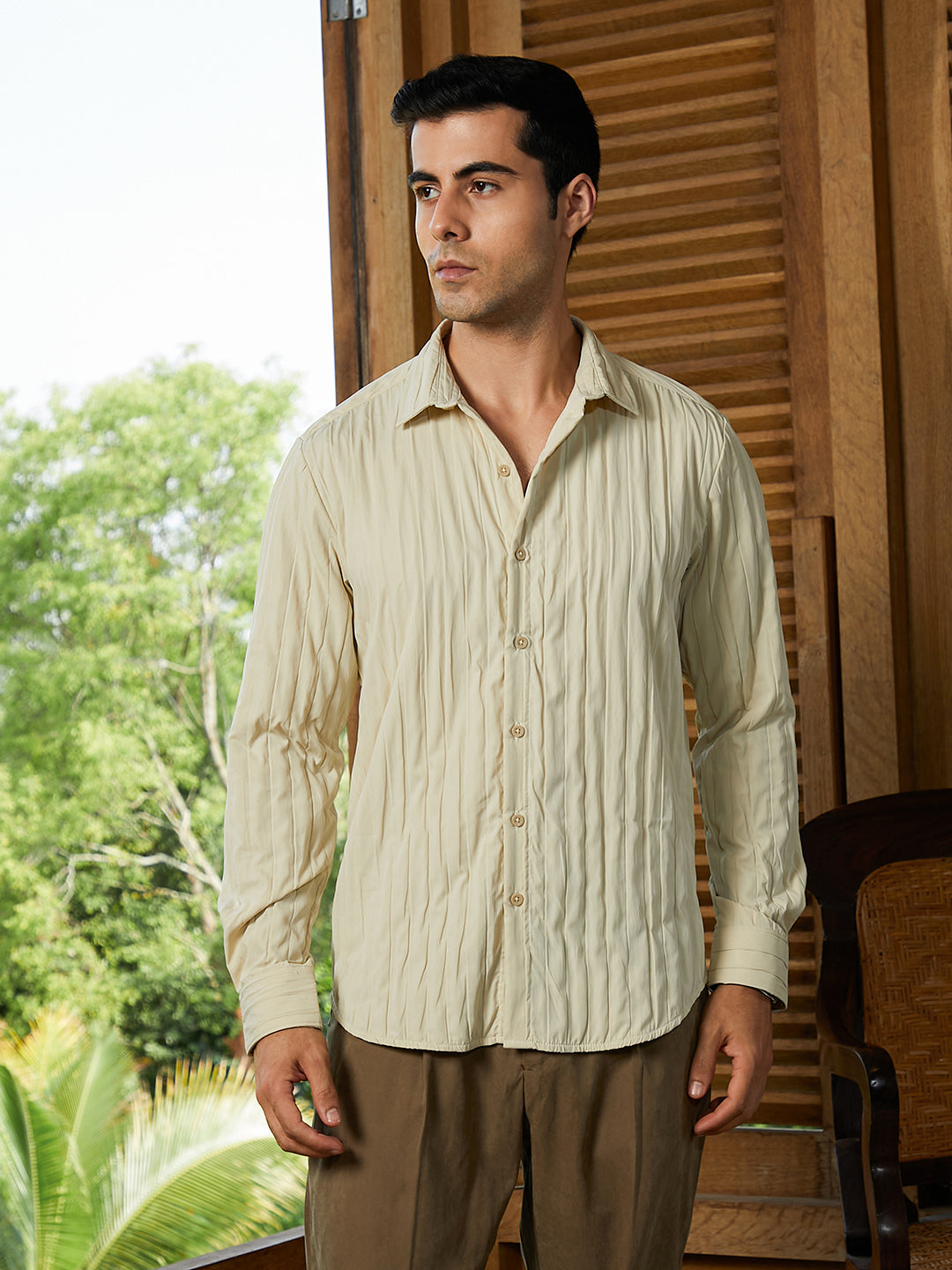 Men Cream White Quilt-Tactile Shirt