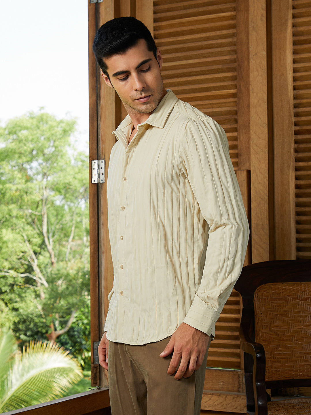 Men Cream White Quilt-Tactile Shirt