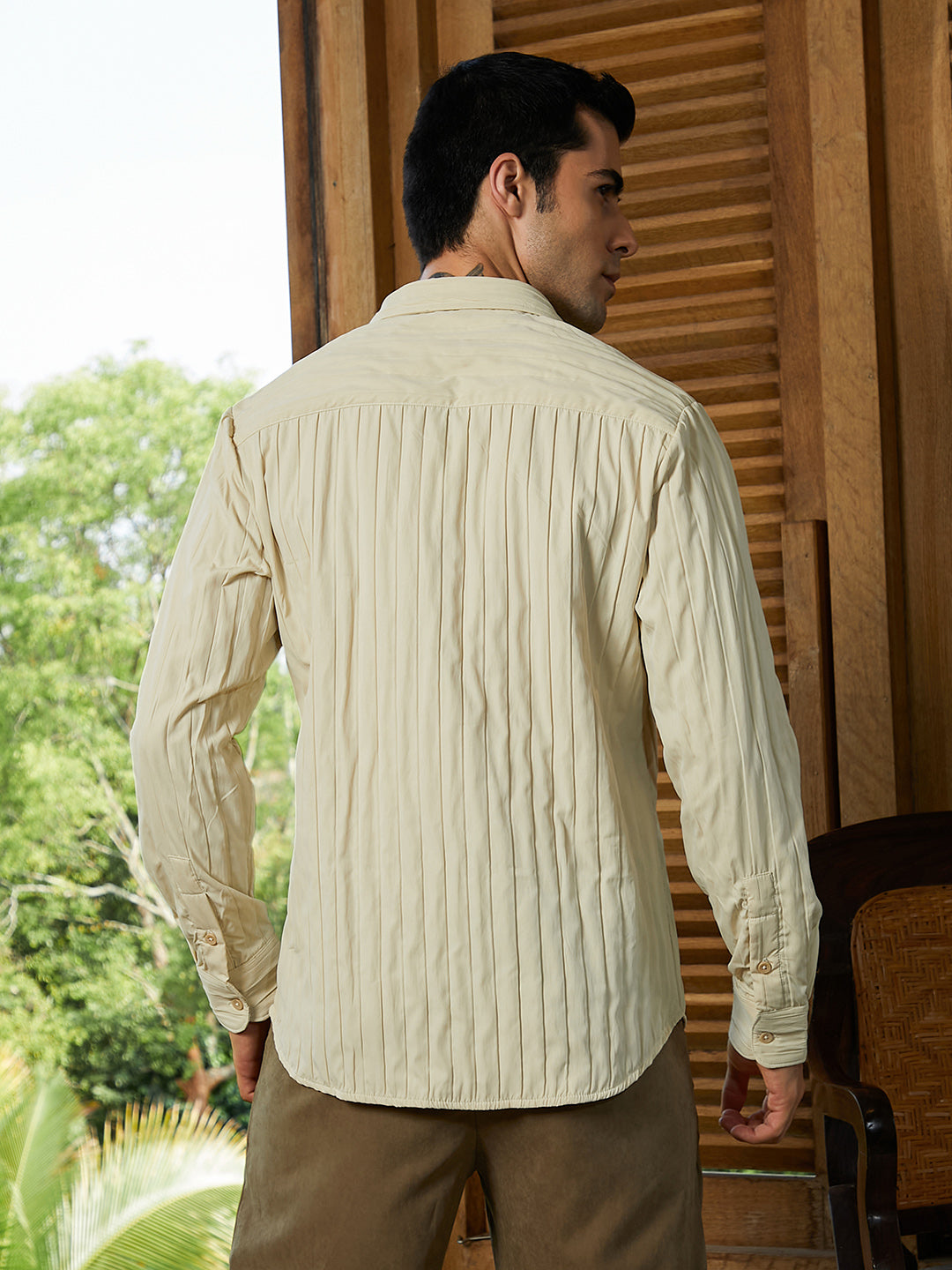Men Cream White Quilt-Tactile Shirt