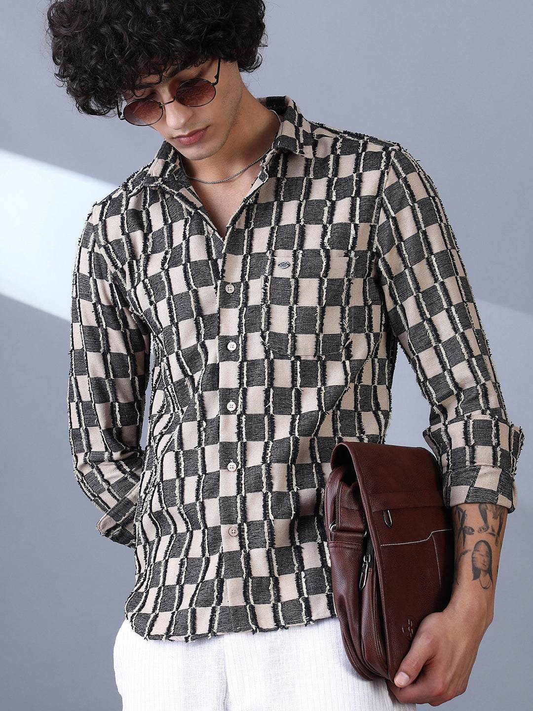 Men Charcoal Black & Off-White Block-Edge Shirt
