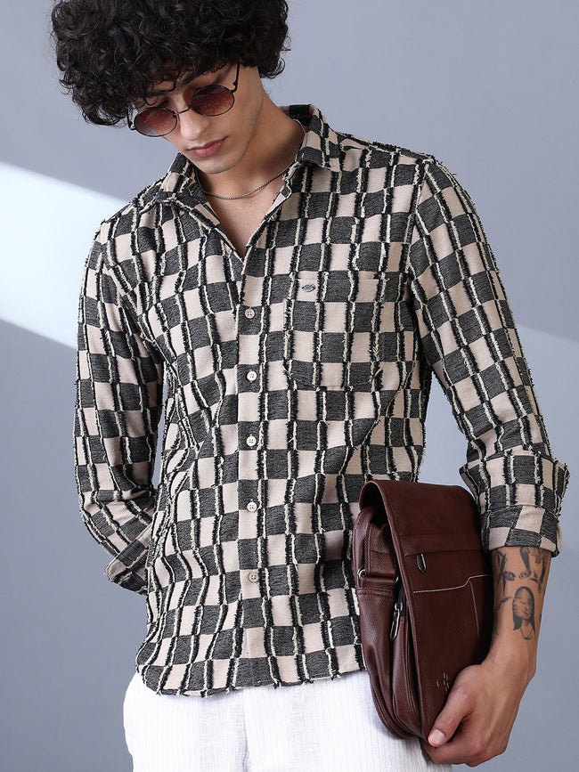 Men Charcoal Black & Off-White Block-Edge Shirt