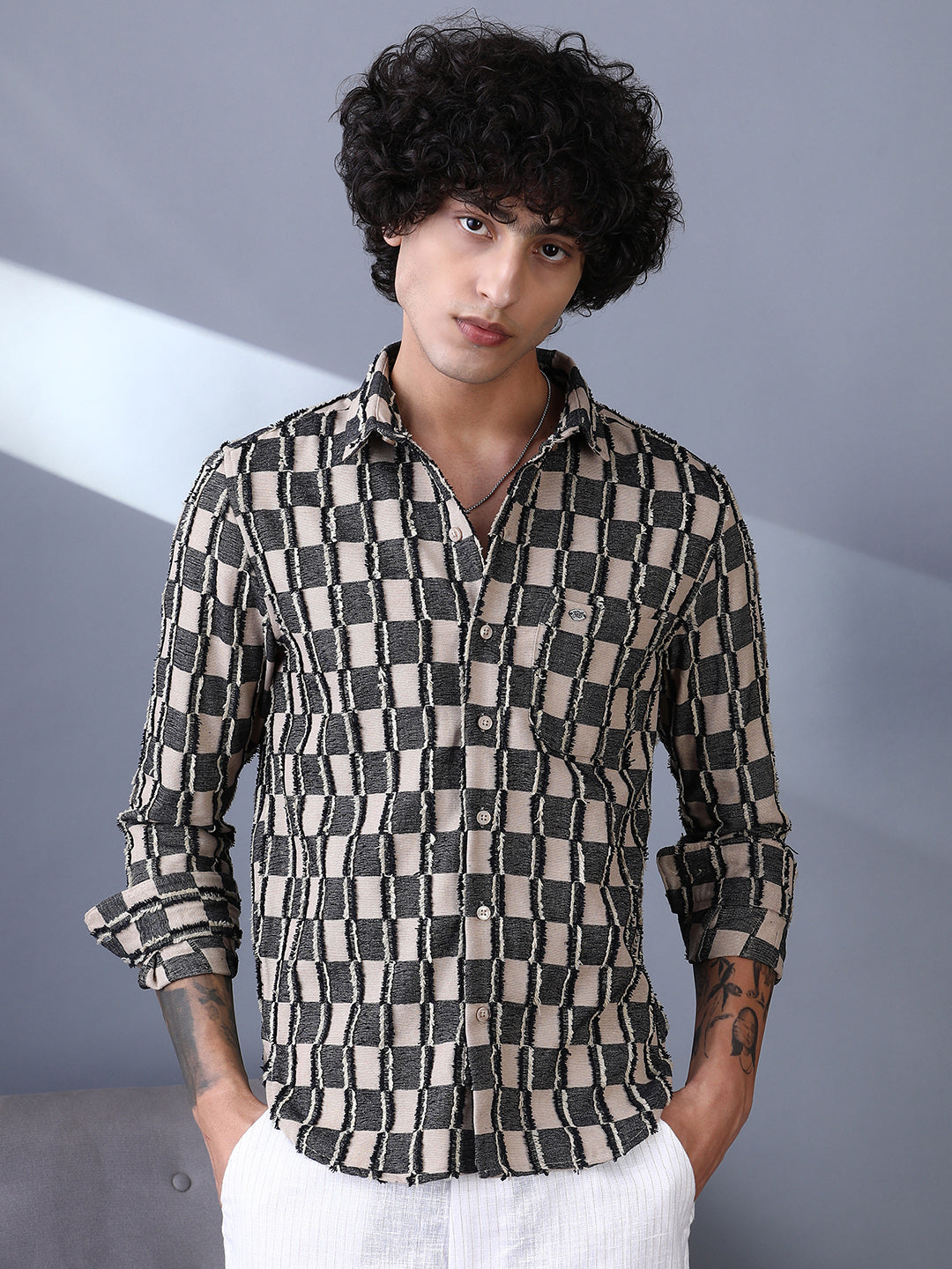 Men Charcoal Black & Off-White Block-Edge Shirt
