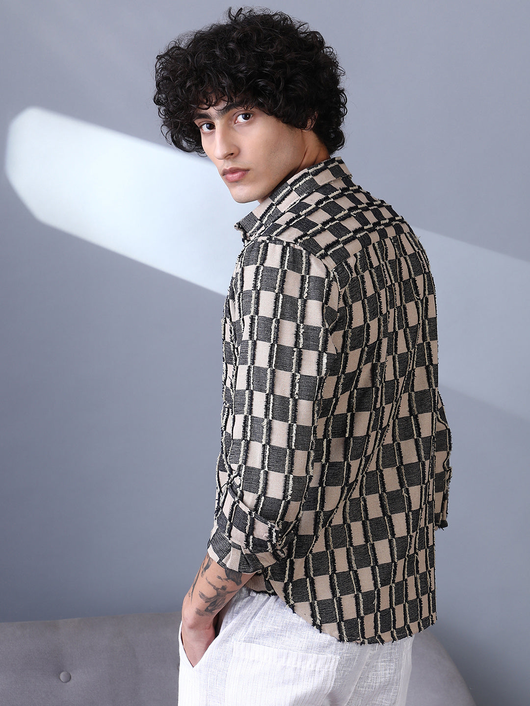 Men Charcoal Black & Off-White Block-Edge Shirt