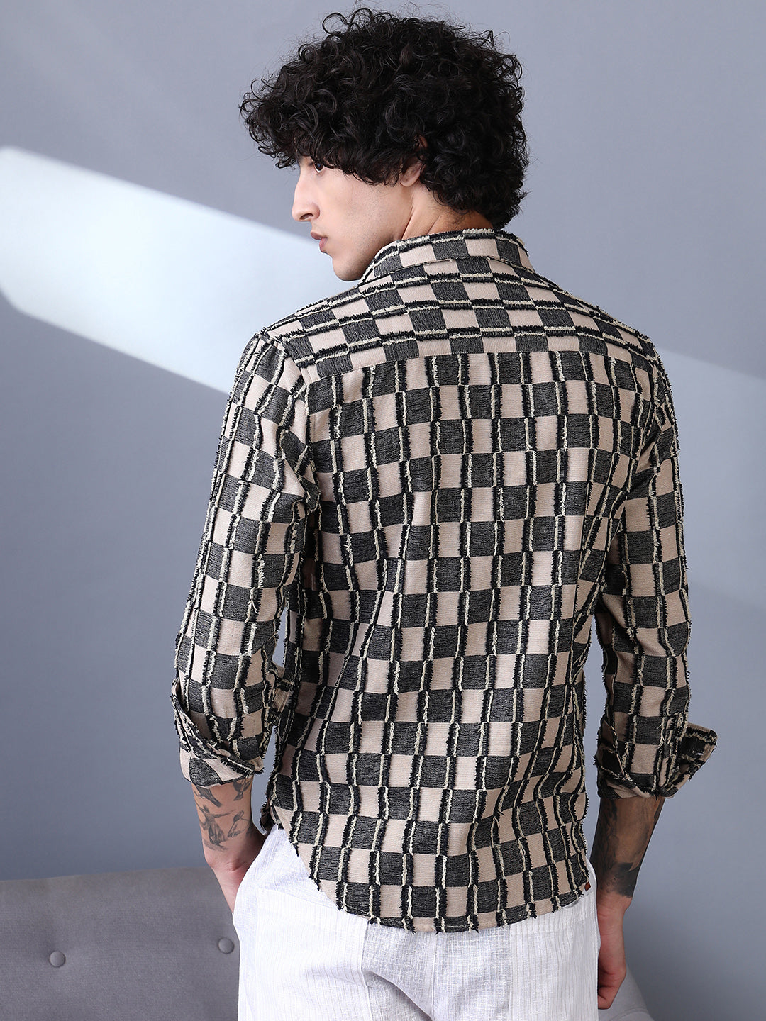 Men Charcoal Black & Off-White Block-Edge Shirt