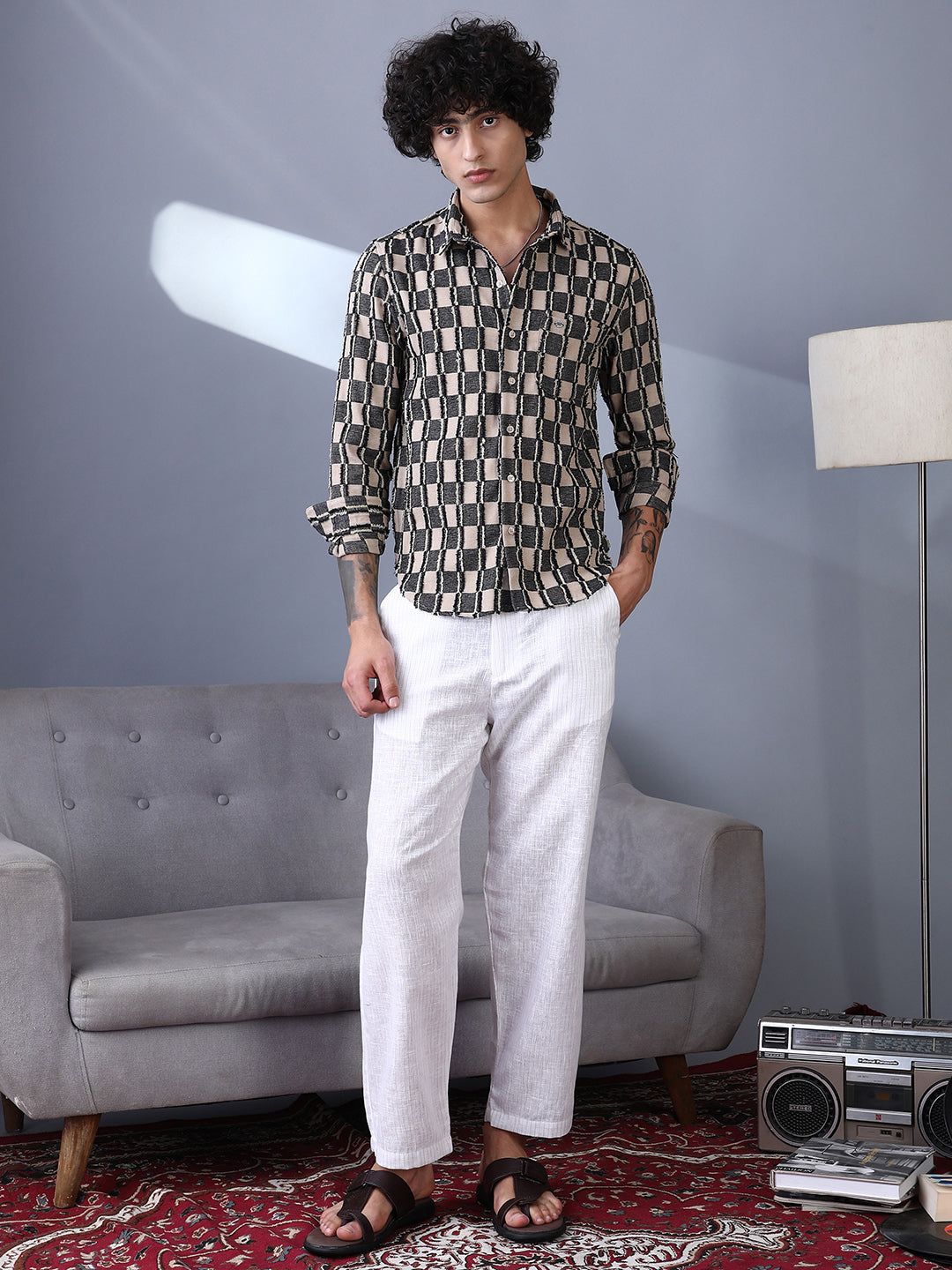 Men Charcoal Black & Off-White Block-Edge Shirt