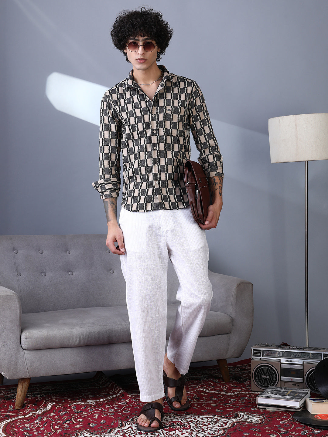 Men Charcoal Black & Off-White Block-Edge Shirt