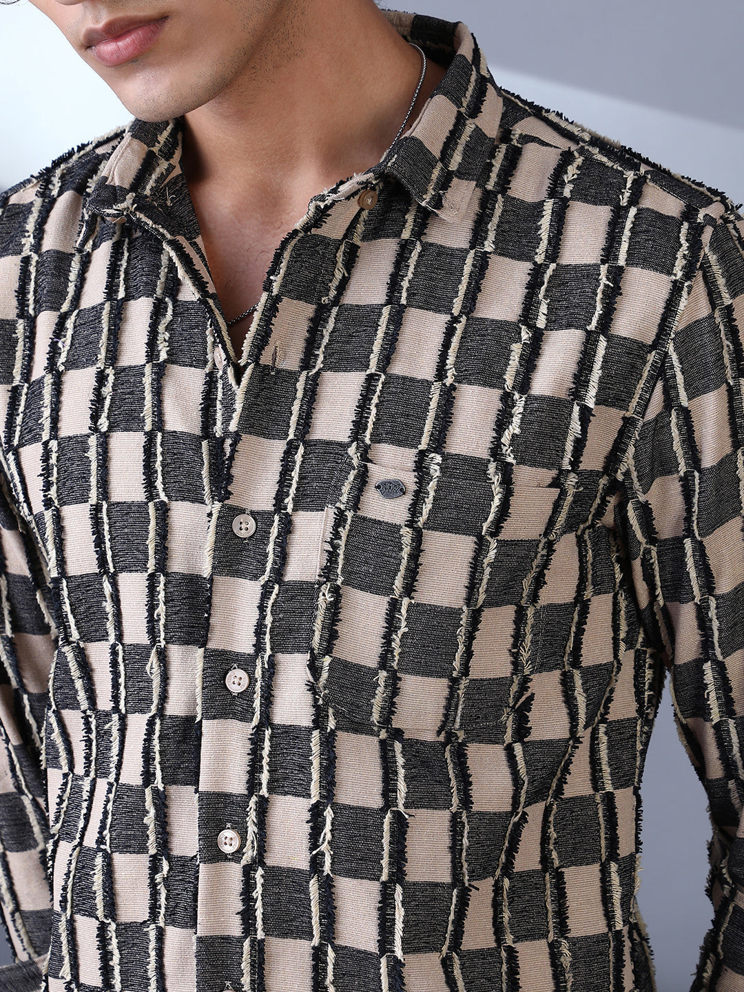 Men Charcoal Black & Off-White Block-Edge Shirt