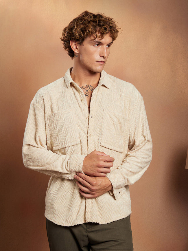 Men Ecru Beige Axisline Utility-Relaxed Shirt