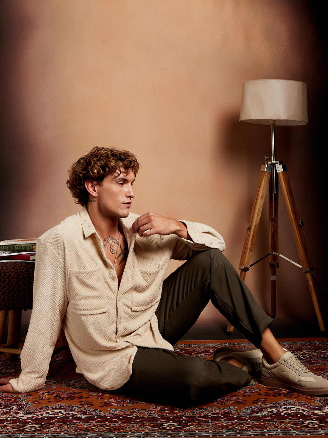 Men Ecru Beige Axisline Utility-Relaxed Shirt