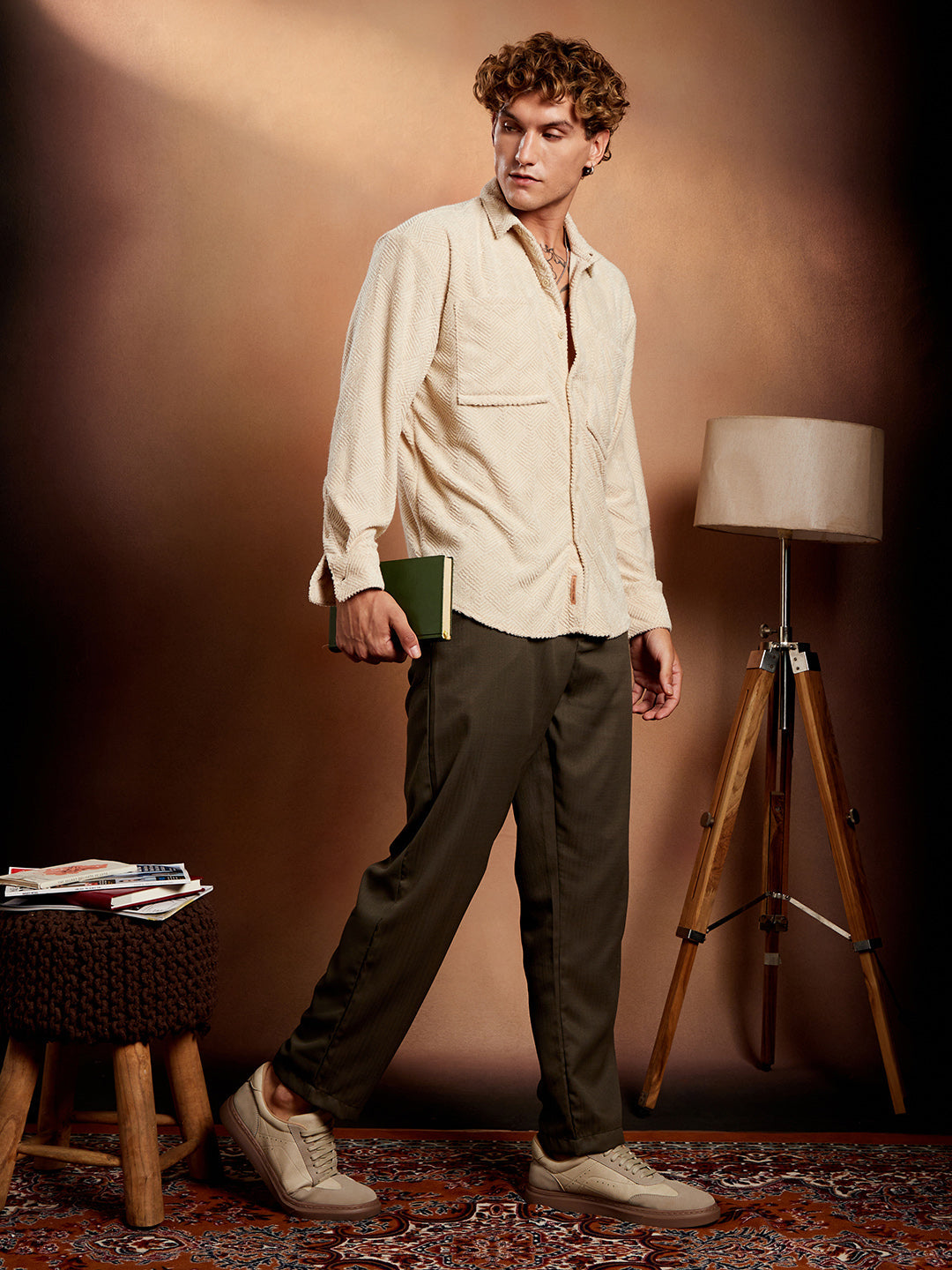 Men Ecru Beige Axisline Utility-Relaxed Shirt