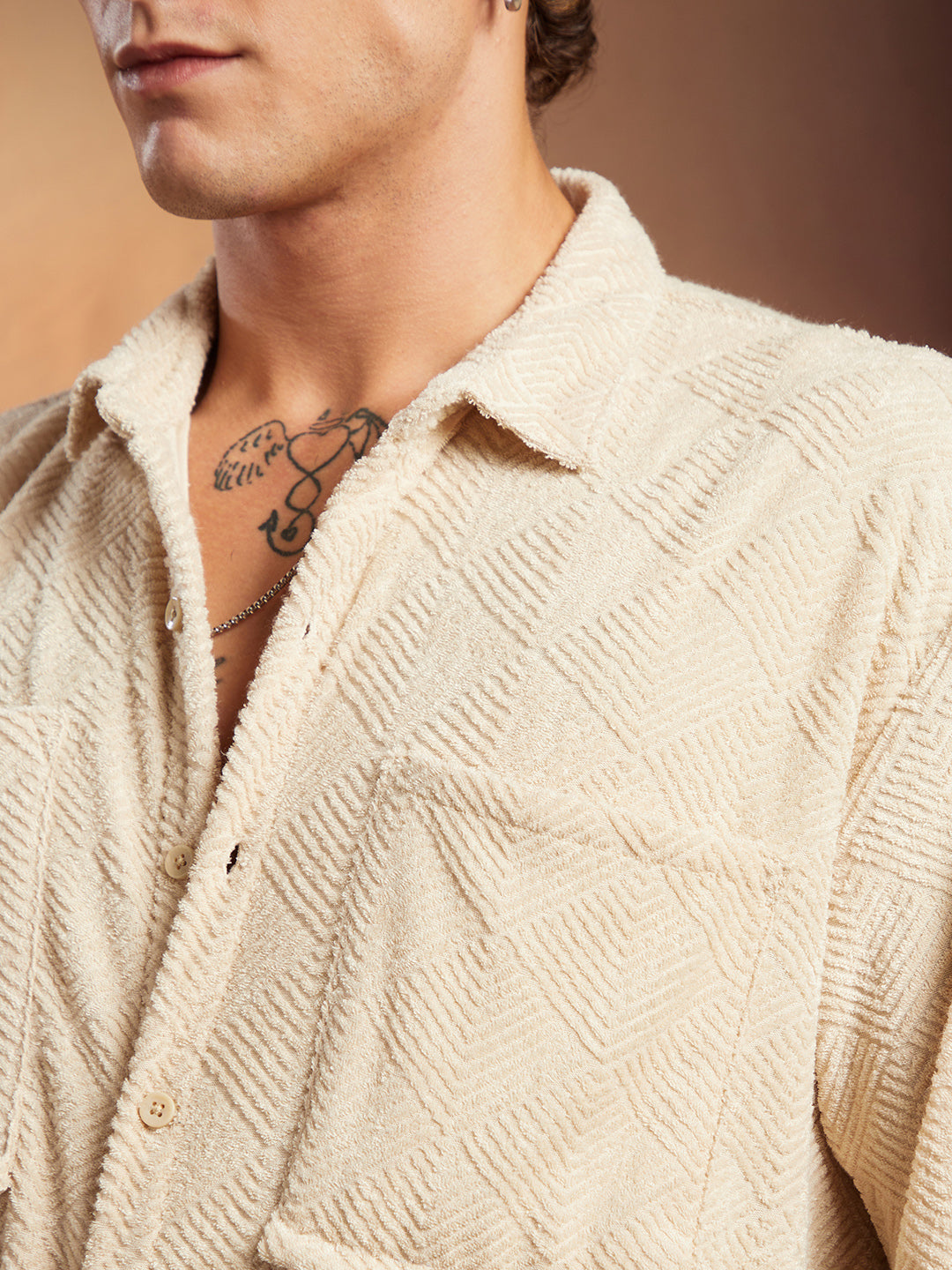 Men Ecru Beige Axisline Utility-Relaxed Shirt