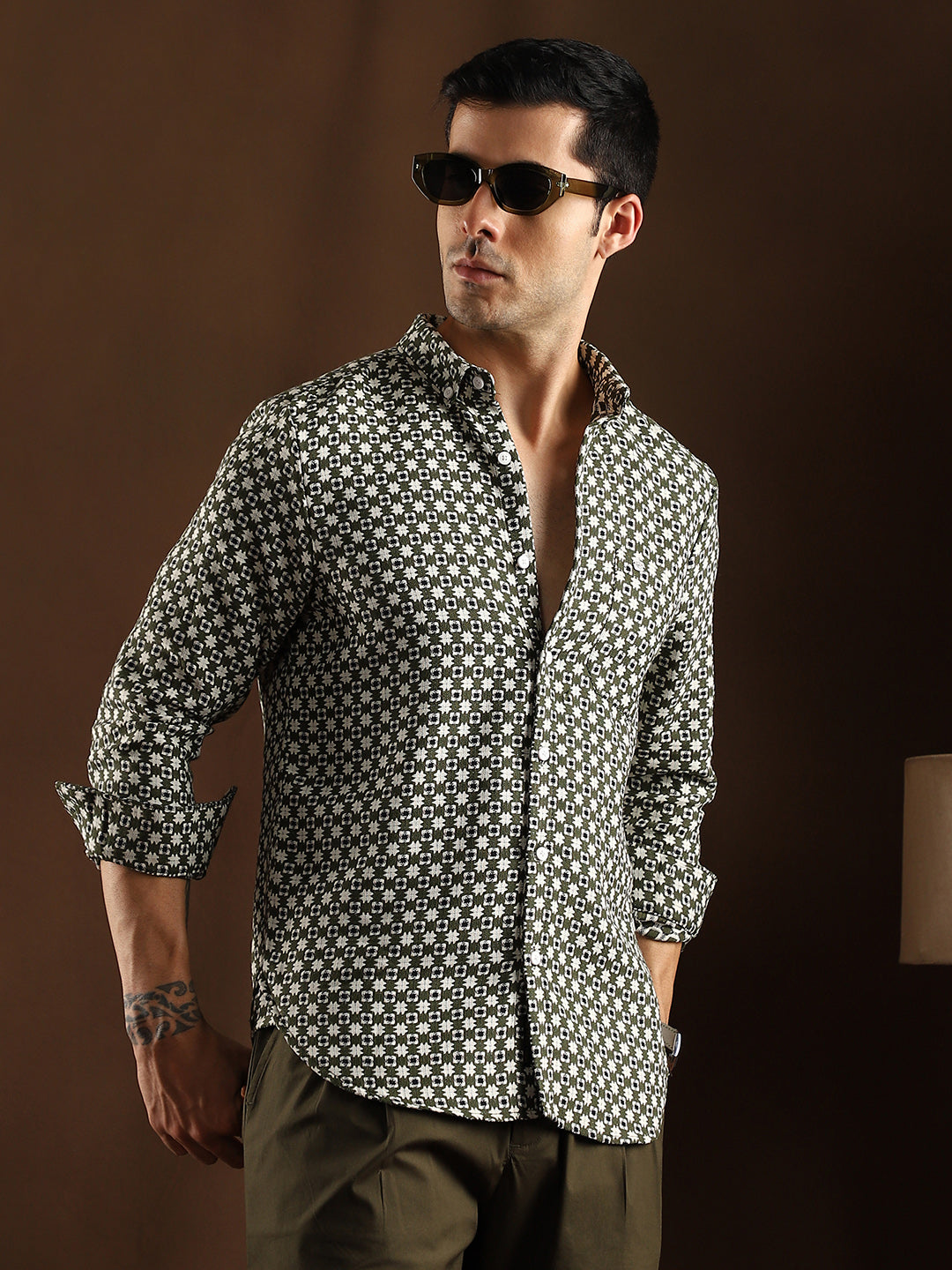 Men Olive Green Motif-Block Regular Shirt
