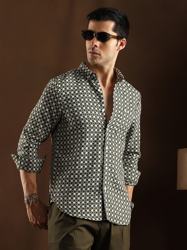 Men Olive Green Motif-Block Regular Shirt