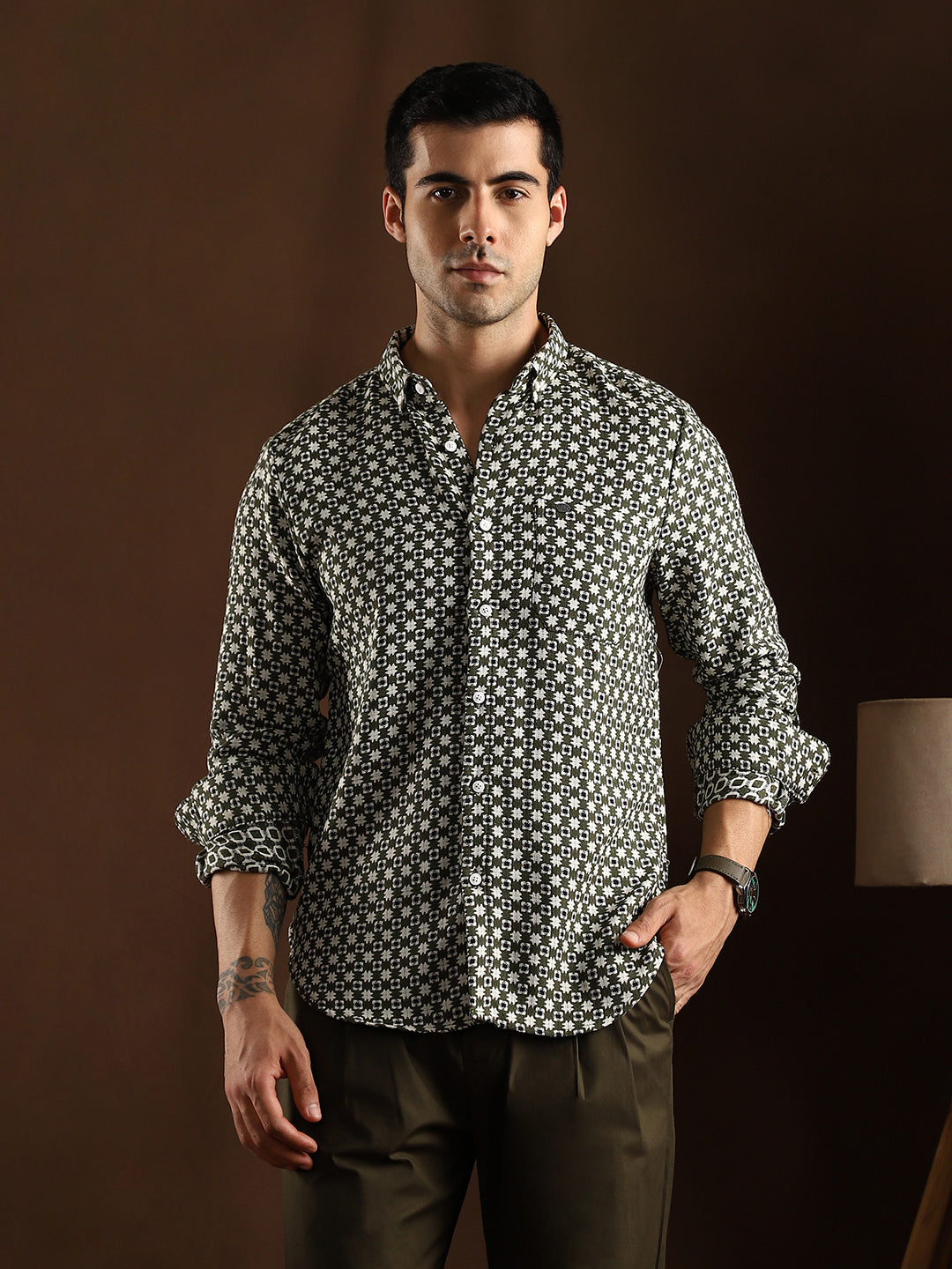Men Olive Green Motif-Block Regular Shirt