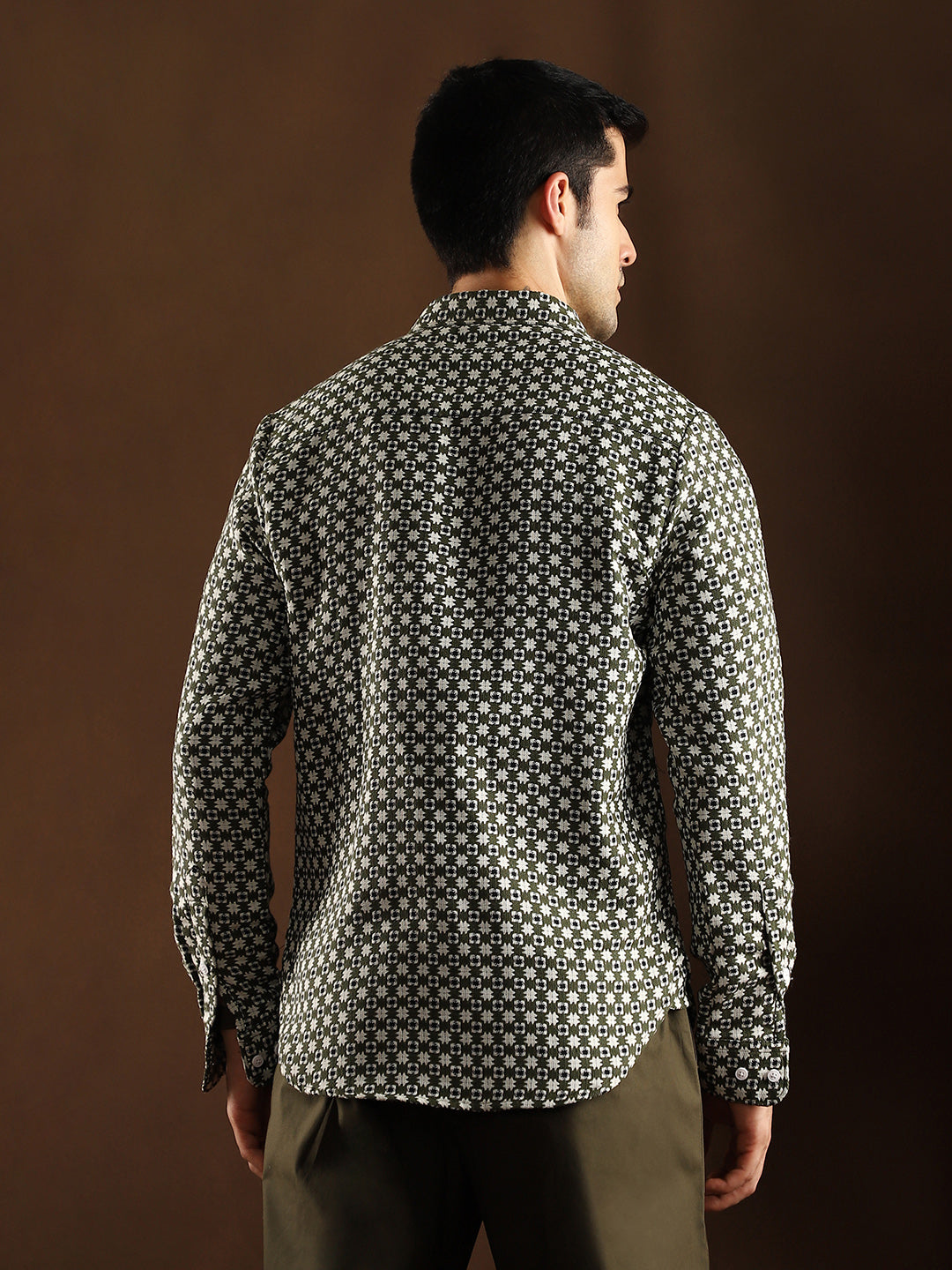 Men Olive Green Motif-Block Regular Shirt